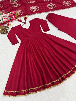 Maroon roman  silk  party wear embroidery anarkali suit set 7