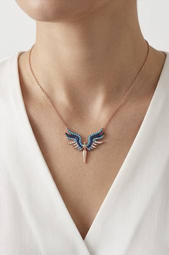 925 sterling silver rose gold turquoise & sapphire blue winged necklace for women