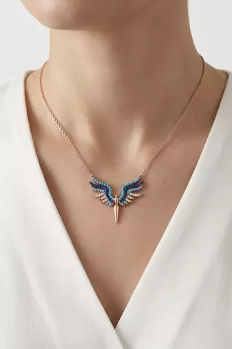 925 sterling silver rose gold turquoise & sapphire blue winged necklace for women