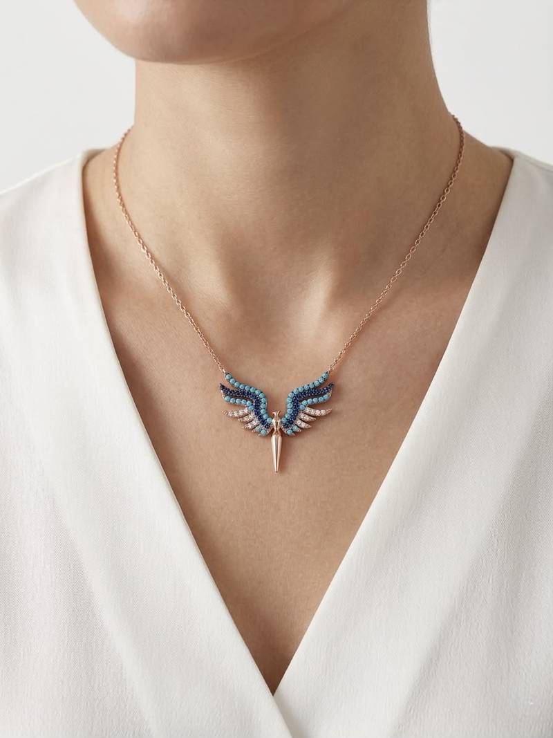 925 sterling silver rose gold turquoise & sapphire blue winged necklace for women