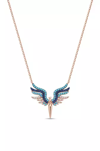 925 sterling silver rose gold turquoise & sapphire blue winged necklace for women