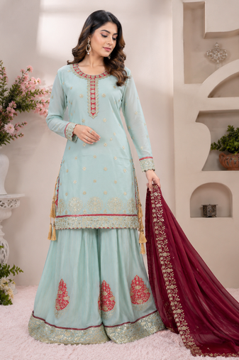 sky blue color embroidery sequences work georgette salwar suit