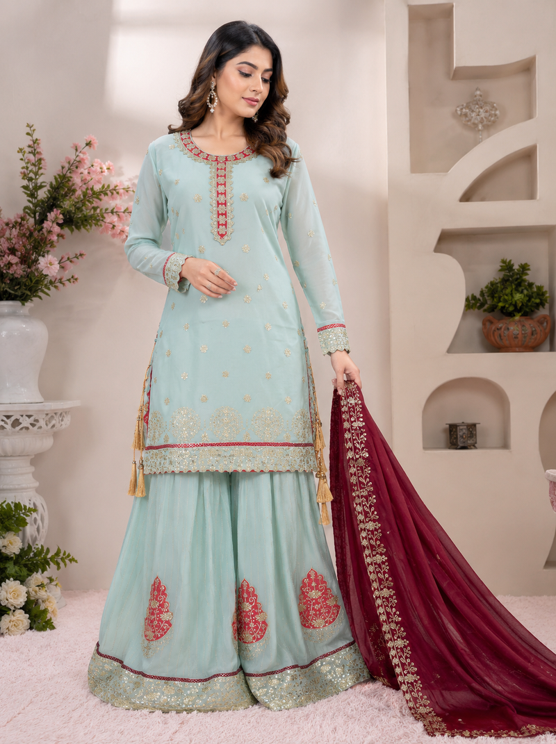 sky blue color embroidery sequences work georgette salwar suit