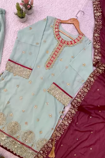 sky blue color embroidery sequences work georgette salwar suit