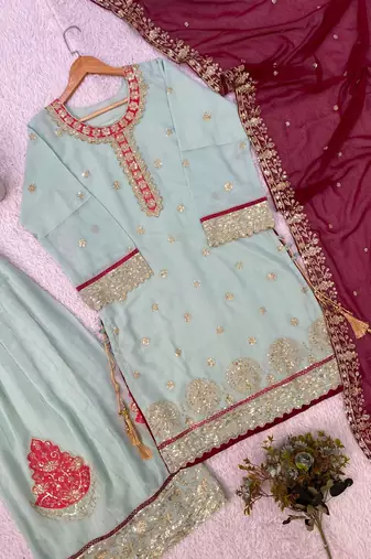 sky blue color embroidery sequences work georgette salwar suit
