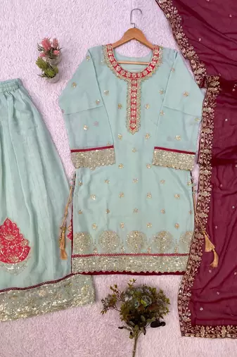 sky blue color embroidery sequences work georgette salwar suit