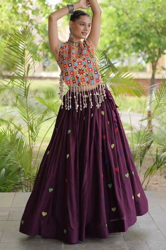 WIne Navratri Cora Cotton Embroidered Lehenga Set