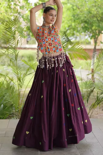 WIne Navratri Cora Cotton Embroidered Lehenga Set