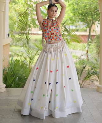 White Navratri Cora Cotton Embroidered Lehenga Set 1