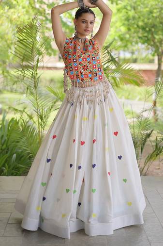 white embroidered cora cotton navratri lehenga set
