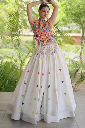 White Navratri Cora Cotton Embroidered Lehenga Set