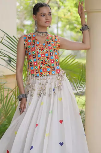 White Navratri Cora Cotton Embroidered Lehenga Set