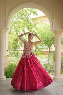 Rani Pink Navratri Cora Cotton Embroidered Lehenga Set 1