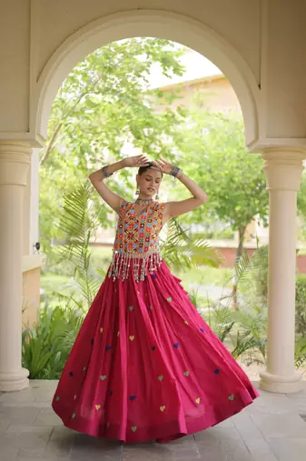 Rani Pink Navratri Cora Cotton Embroidered Lehenga Set