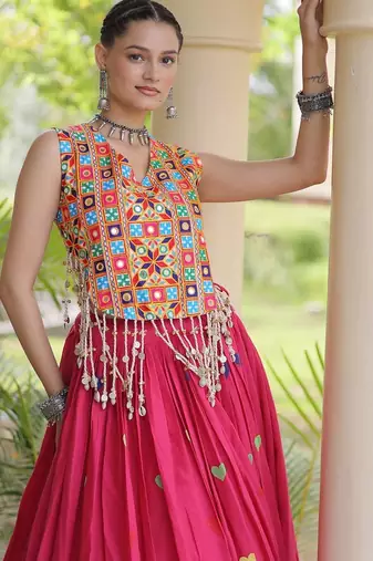 Rani Pink Navratri Cora Cotton Embroidered Lehenga Set