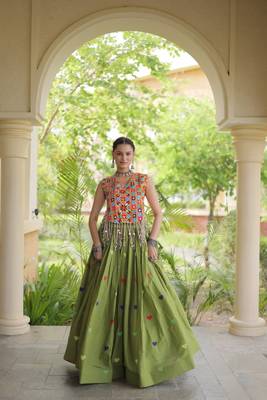 Green Navratri Cora Cotton Embroidered Lehenga Set 1