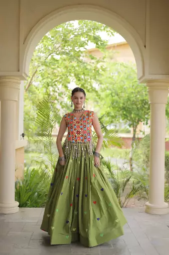 Green Navratri Cora Cotton Embroidered Lehenga Set