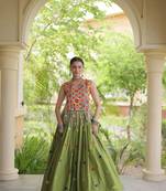 Green Navratri Cora Cotton Embroidered Lehenga Set