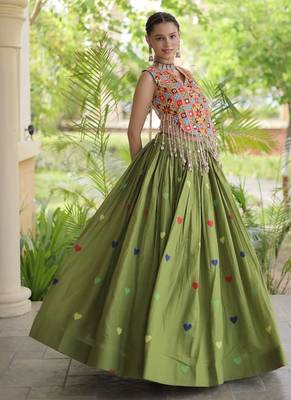 Green Navratri Cora Cotton Embroidered Lehenga Set 2