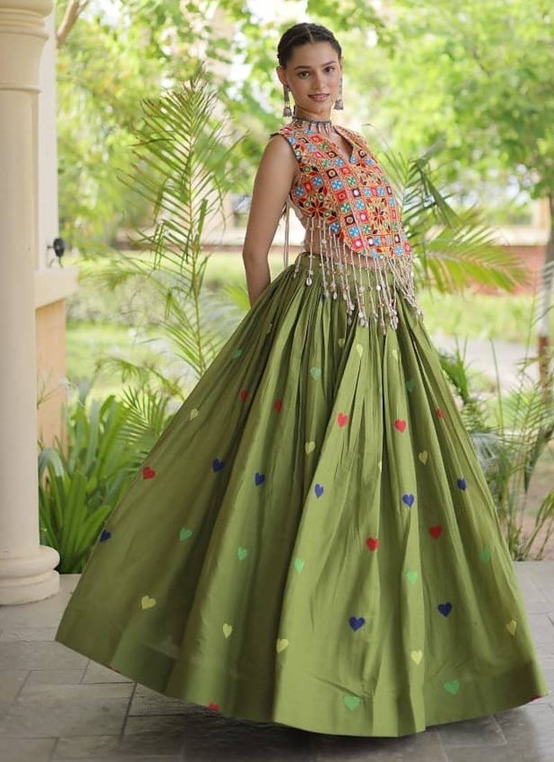 Green Navratri Cora Cotton Embroidered Lehenga Set