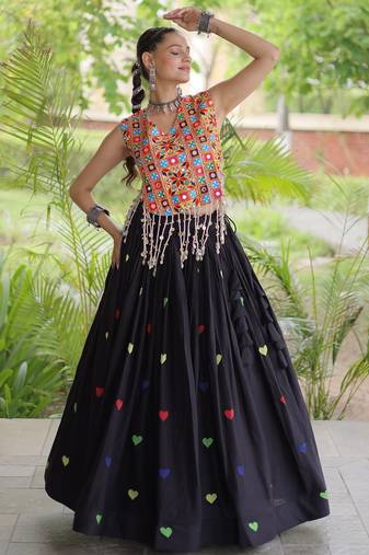 Black Navratri Cora Cotton Embroidered Lehenga Set