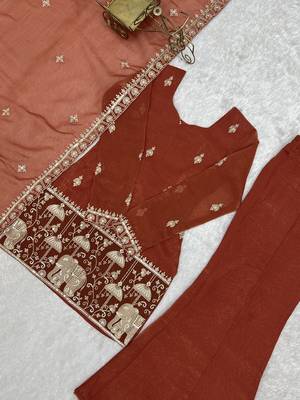 Rust crunshy silk  embroidery party wear sharara suit set 5