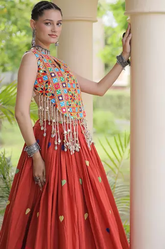 Rust Navratri Cora Cotton Embroidered Lehenga Set