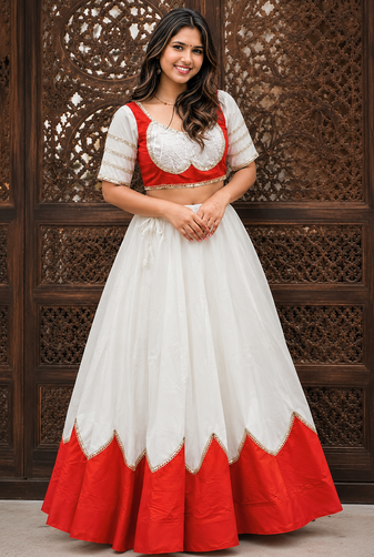 White Lace Work Roman silk_Blend Lehenga Choli