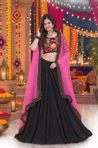 BLACK SEQUINS & EMBROIDERED GEORGETTE LEHENGA CHOLI DUPATTA