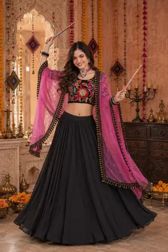 BLACK SEQUINS & EMBROIDERED GEORGETTE LEHENGA CHOLI DUPATTA