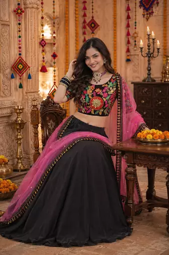 BLACK SEQUINS & EMBROIDERED GEORGETTE LEHENGA CHOLI DUPATTA