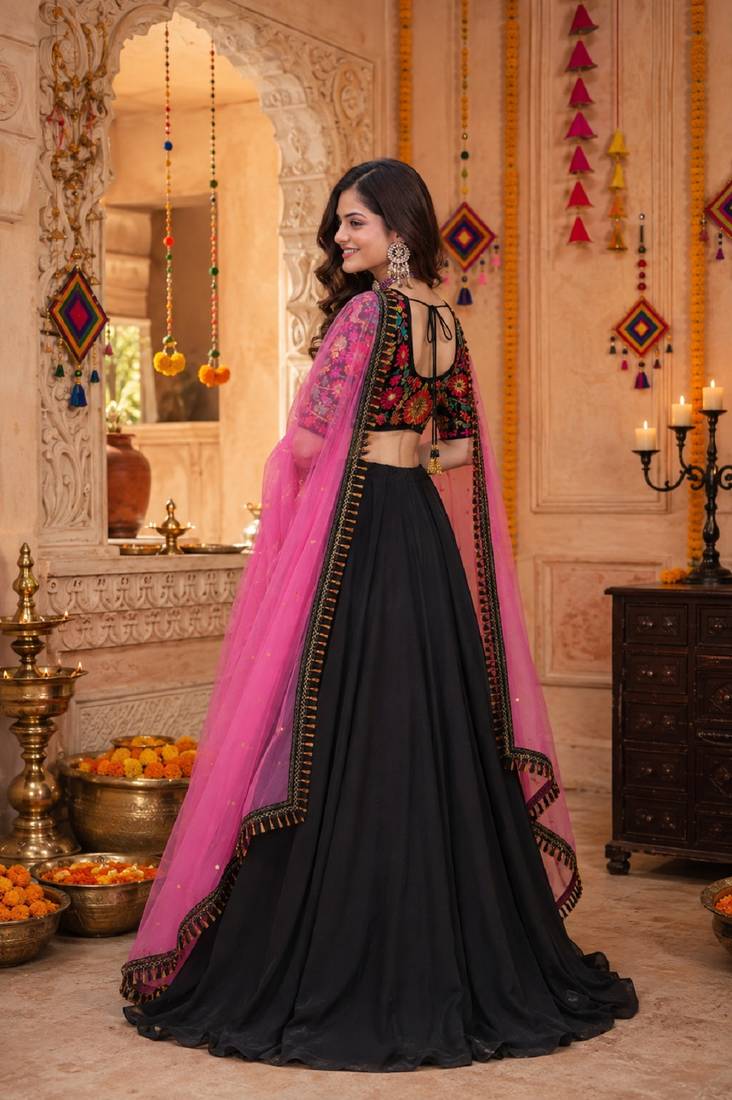 BLACK SEQUINS & EMBROIDERED GEORGETTE LEHENGA CHOLI DUPATTA