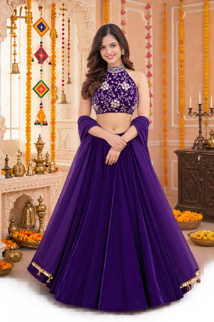 PURPLE SEQUINS & EMBROIDERED VELVET GARBA LEHENGA CHOLI DUPATTA