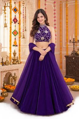 PURPLE SEQUINS & EMBROIDERED VELVET GARBA LEHENGA CHOLI DUPATTA 1