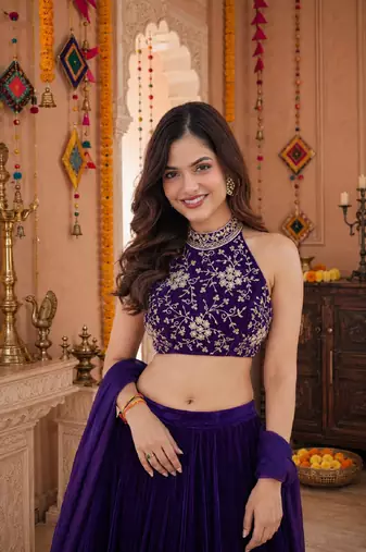 PURPLE SEQUINS & EMBROIDERED VELVET GARBA LEHENGA CHOLI DUPATTA