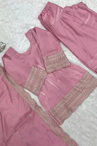 Dusty pink roman  silk  embroidery party wear sharara suit set