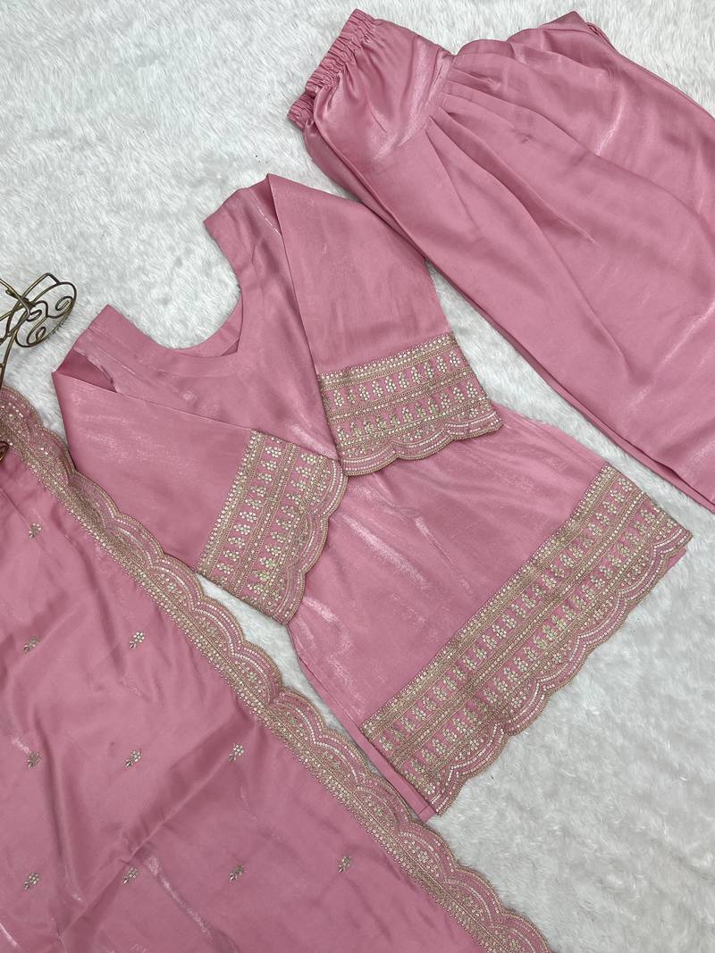 Dusty pink roman  silk  embroidery party wear sharara suit set