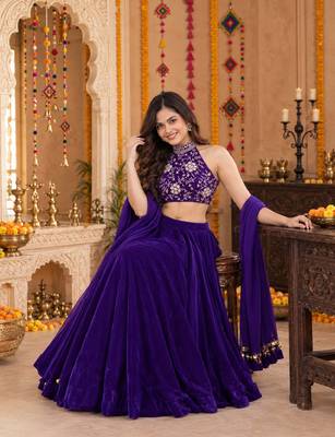 PURPLE SEQUINS & EMBROIDERED VELVET GARBA LEHENGA CHOLI DUPATTA 3