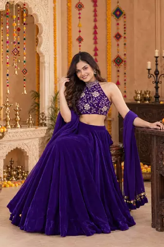 PURPLE SEQUINS & EMBROIDERED VELVET GARBA LEHENGA CHOLI DUPATTA