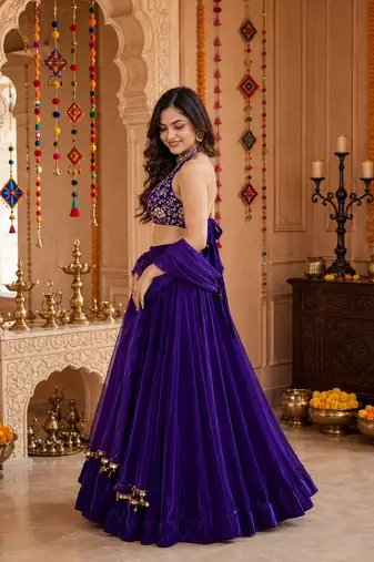 PURPLE SEQUINS & EMBROIDERED VELVET GARBA LEHENGA CHOLI DUPATTA