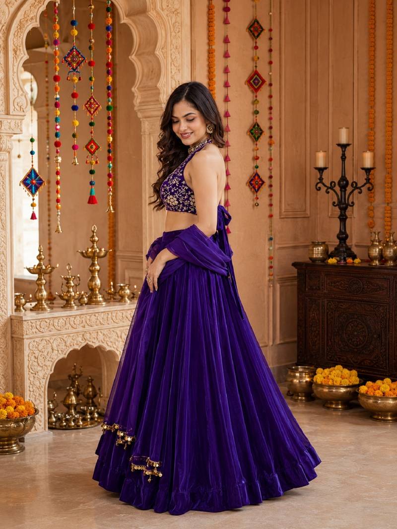 PURPLE SEQUINS & EMBROIDERED VELVET GARBA LEHENGA CHOLI DUPATTA
