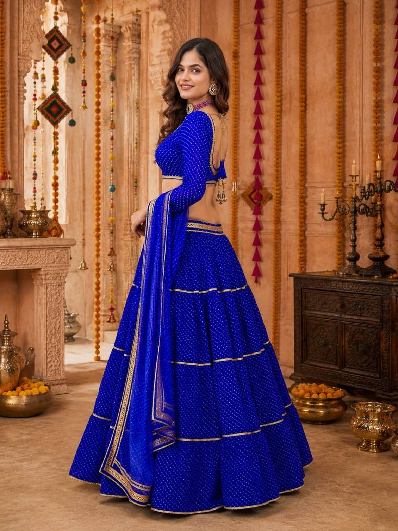 BLUE LEHERIYA PRINT GEORGETTE  LEHENGA CHOLI DUPATTA