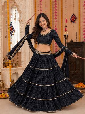 BLACK LEHERIYA PRINT GEORGETTE LEHENGA CHOLI DUPATTA 1