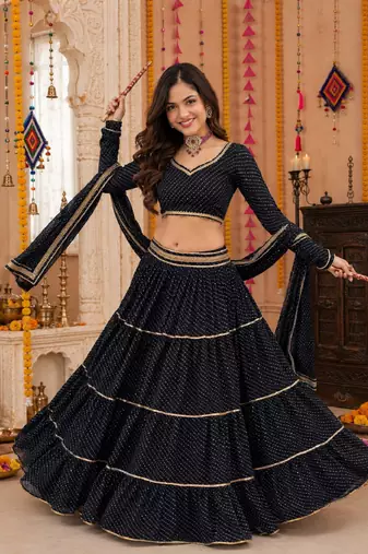 BLACK LEHERIYA PRINT GEORGETTE LEHENGA CHOLI DUPATTA