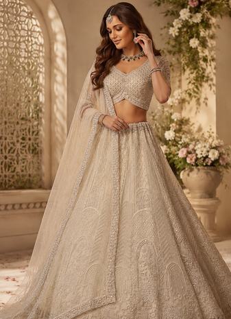 off white color Motif Crystal and Sequins work net Lehenga Choli set