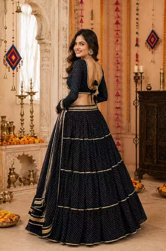 BLACK LEHERIYA PRINT GEORGETTE LEHENGA CHOLI DUPATTA
