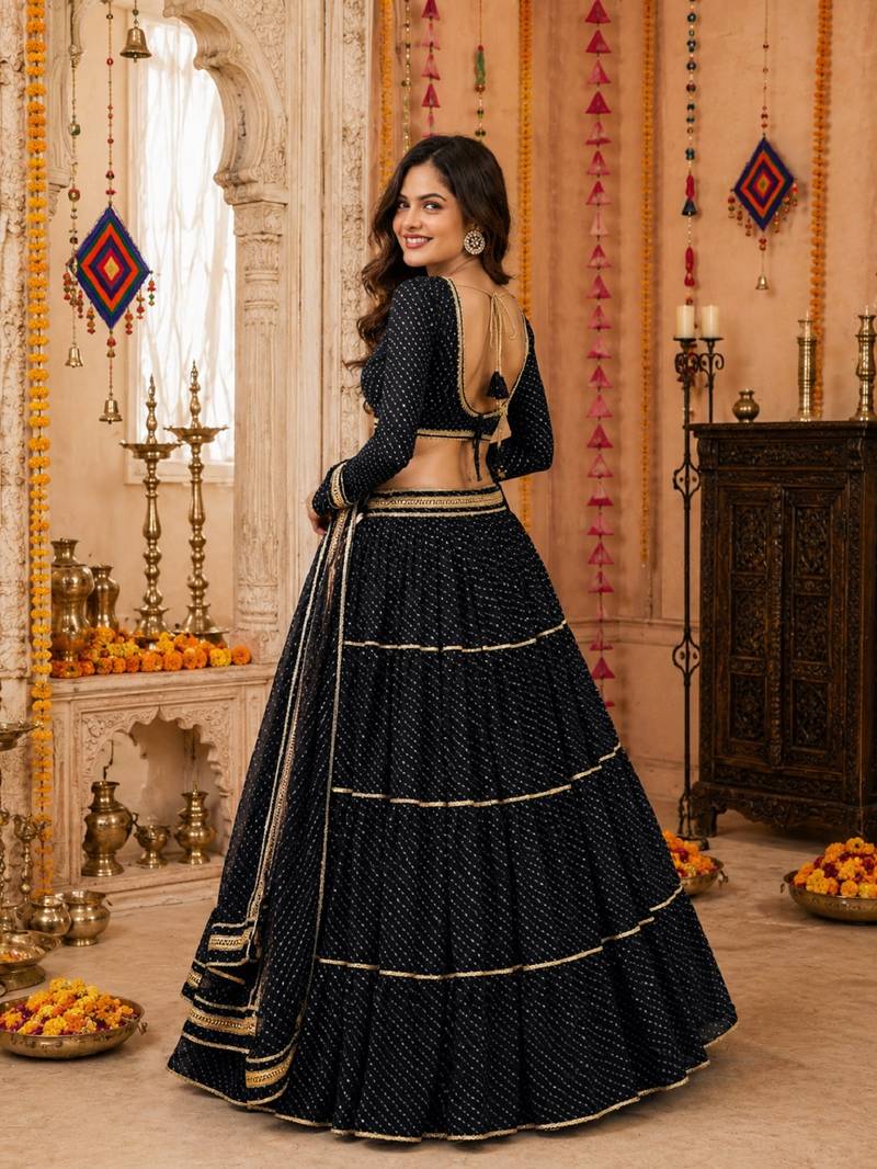 BLACK LEHERIYA PRINT GEORGETTE LEHENGA CHOLI DUPATTA