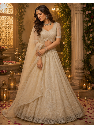 off white color Motif Crystal and Sequins work net Lehenga Choli set 2