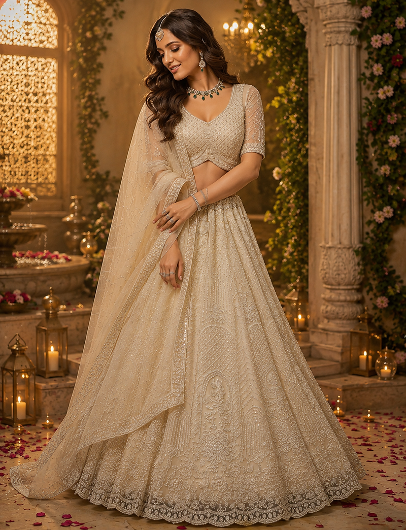 off white color Motif Crystal and Sequins work net Lehenga Choli set
