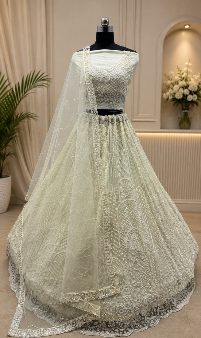 off white color Motif Crystal and Sequins work net Lehenga Choli set